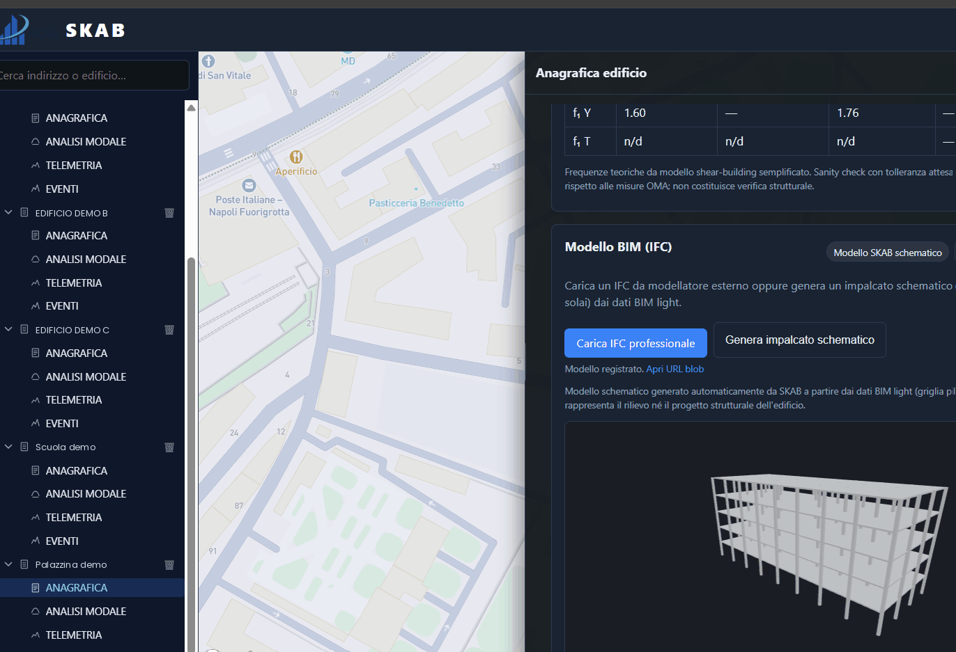 Scheda anagrafica di un edificio nella piattaforma SKAB con modello BIM schematico generato automaticamente