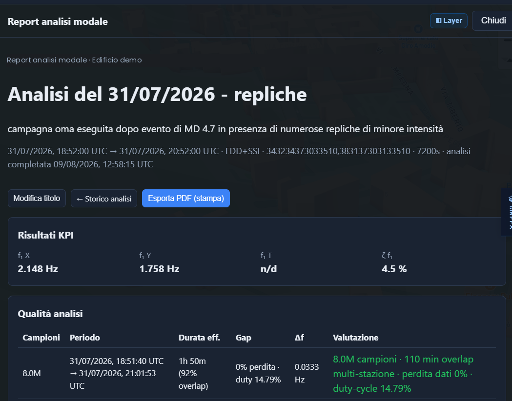 Report di analisi modale con KPI delle frequenze proprie, smorzamento e indicatori di qualità dell'analisi